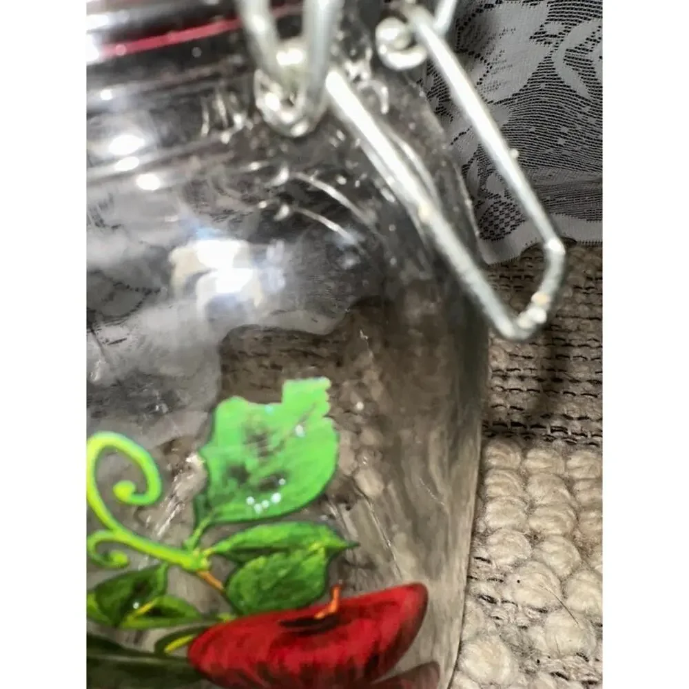 Glass Apple Canister Jar Red Clamp Lid Hand Painted Country Kitchen